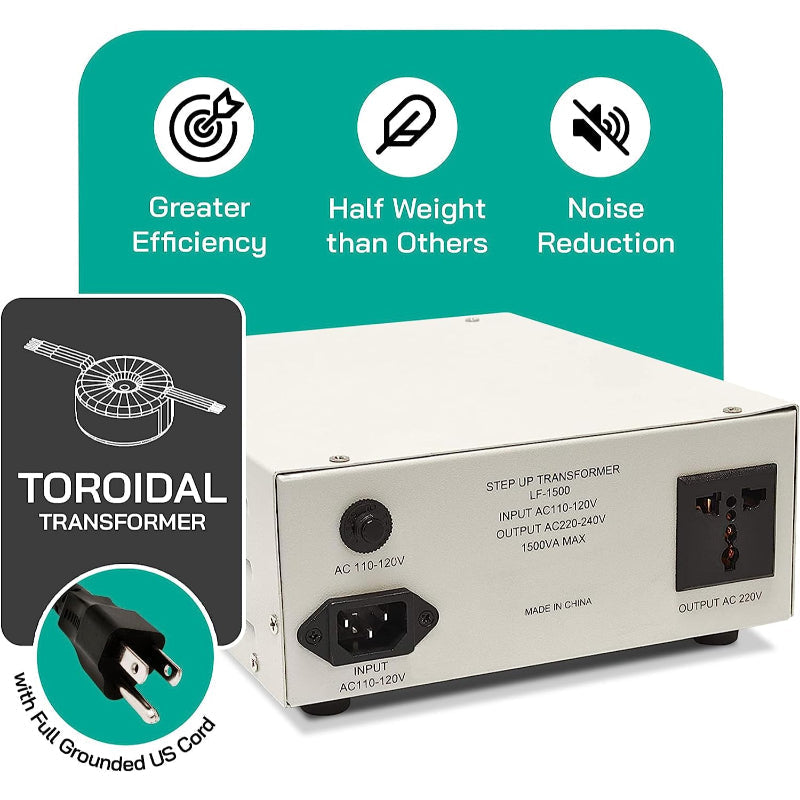 1500W Step Up Power Transformer W/ Wattage Detection & Circuit Breaker Protection
