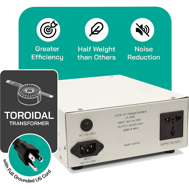 2000W Step Up Power Transformer W/ Wattage Detection & Circuit Breaker Protection