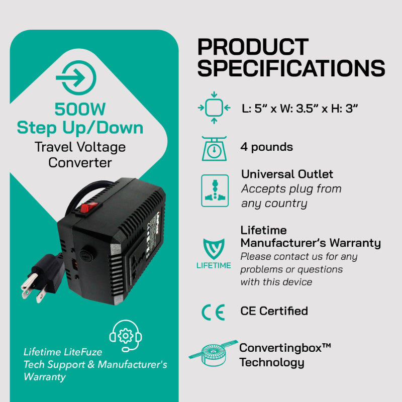 500W Step Up/Step Down Power Transformer - Type B Plug for Camera, Laptop & More
