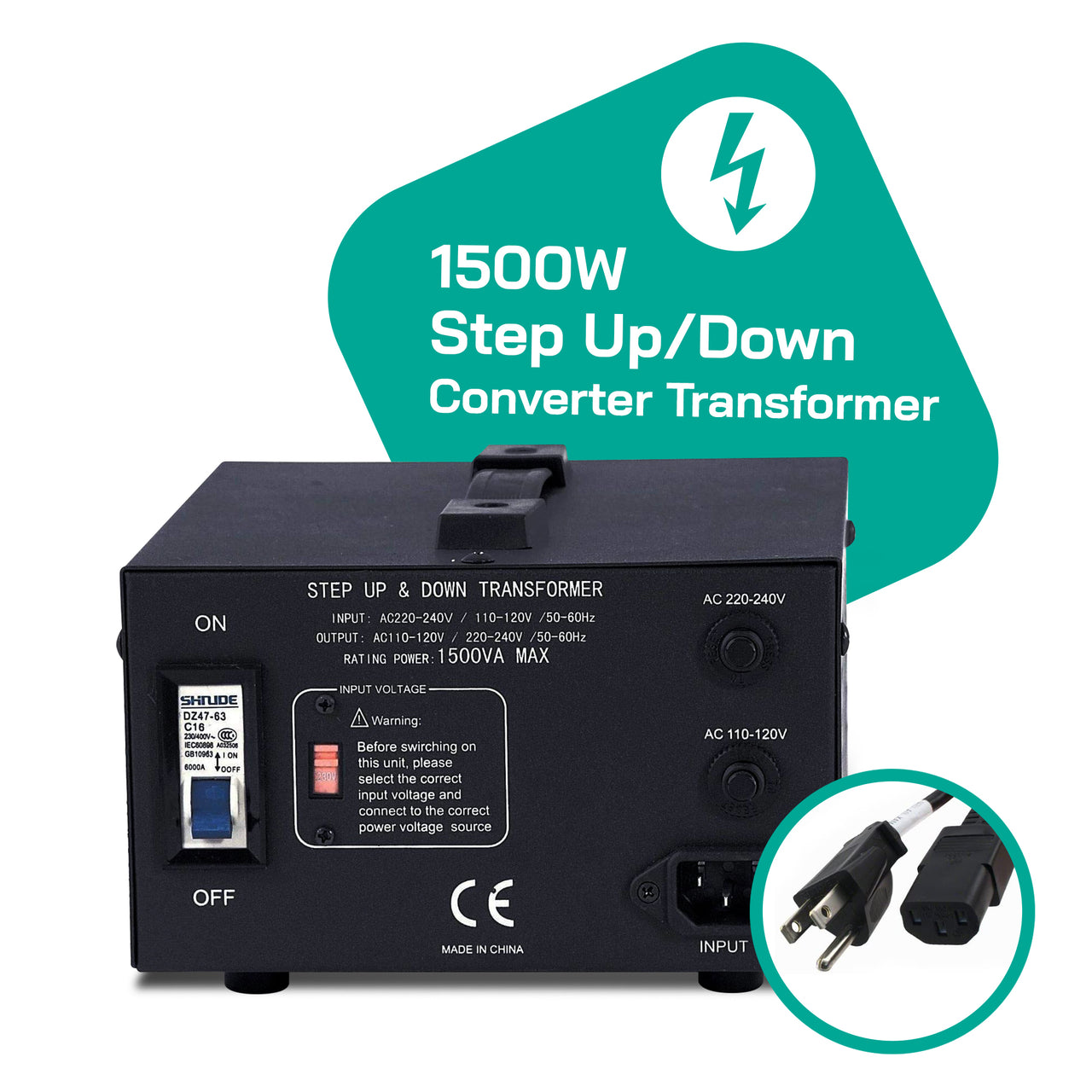 1500W Step Up/Step Down Power Transformer W/ Universal Output Fuse Protection