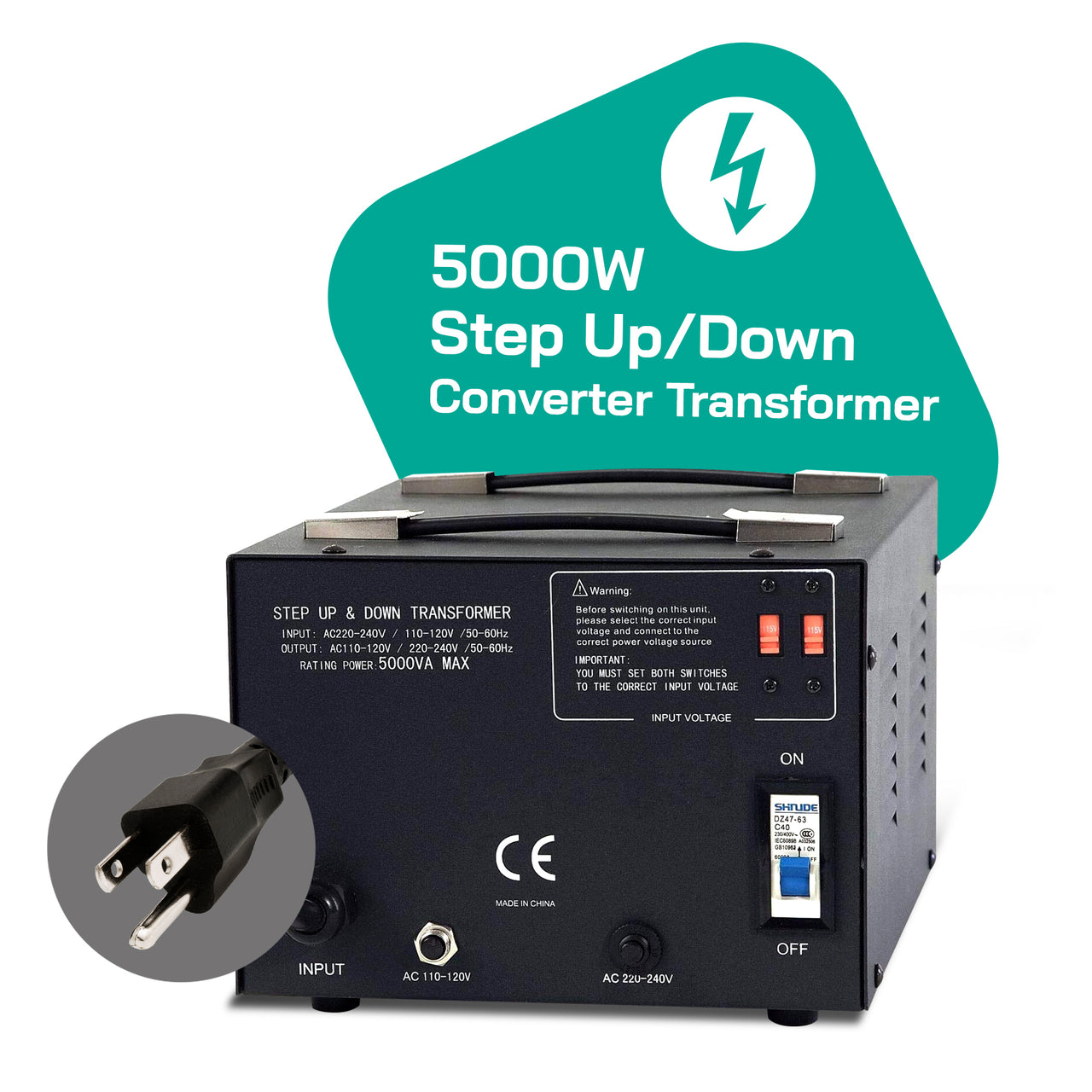 5000W Step Up/Step Down Power Transformer W/ Universal Output Fuse Protection