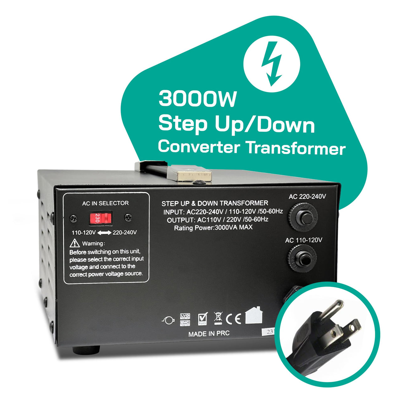 LiteFuze 3000 Watt Voltage Converter Transformer Step Up/Down - 110v to 220v / 220v to 110v Power Converter - Fully USA Grounded Cord - Universal Outlet Socket (LT-3000UD)