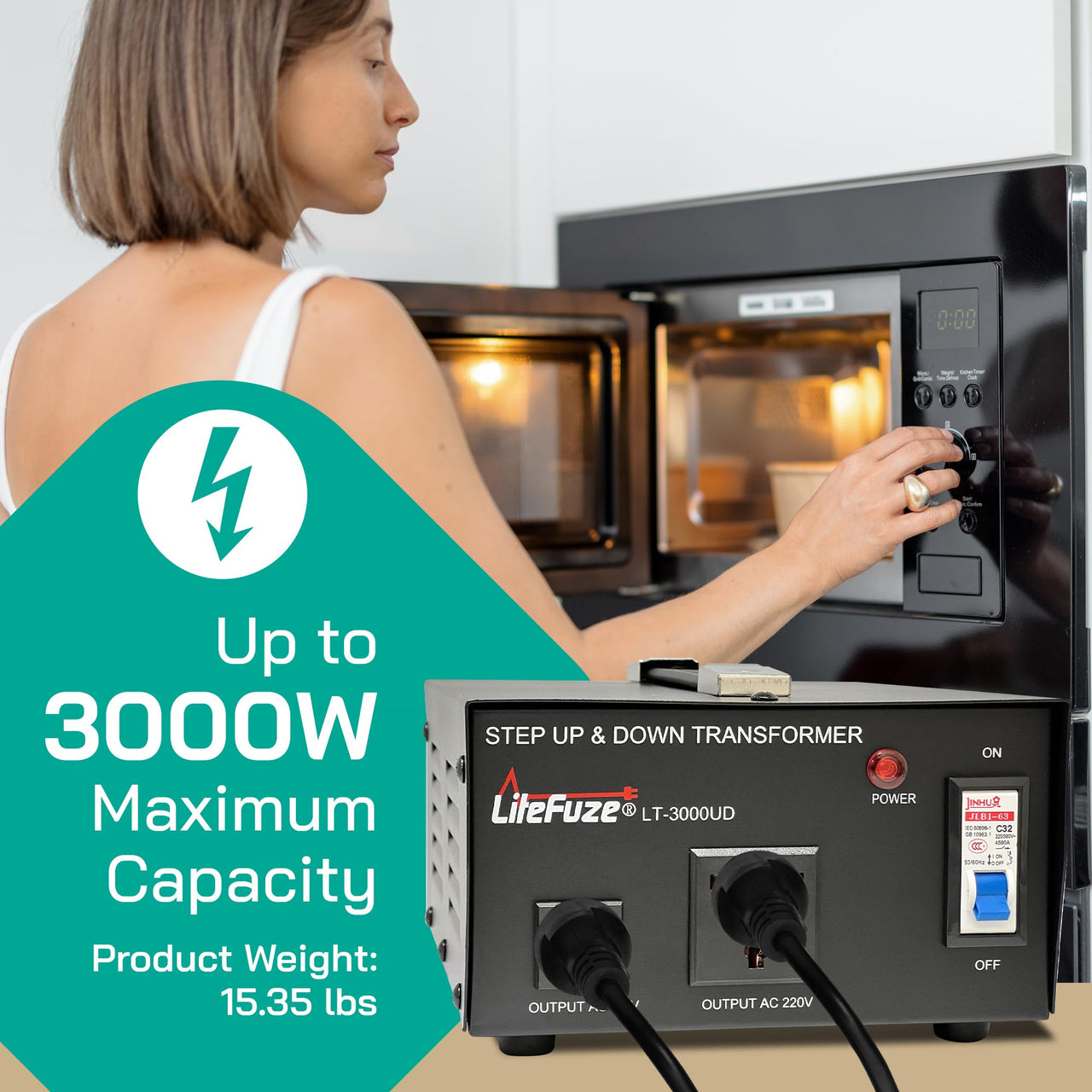 LiteFuze 3000 Watt Voltage Converter Transformer Step Up/Down - 110v to 220v / 220v to 110v Power Converter - Fully USA Grounded Cord - Universal Outlet Socket (LT-3000UD)