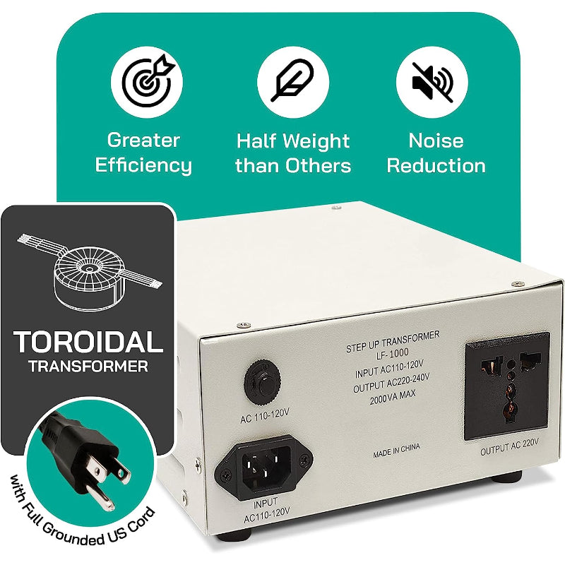 1000W Step Up Power Transformer W/ Wattage Detection & Circuit Breaker Protection