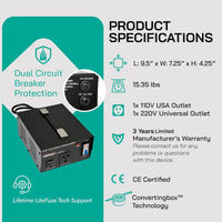 Thumbnail for LiteFuze 3000 Watt Voltage Converter Transformer Step Up/Down - 110v to 220v / 220v to 110v Power Converter - Fully USA Grounded Cord - Universal Outlet Socket (LT-3000UD)