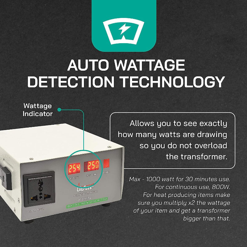 1000W Step Up Power Transformer W/ Wattage Detection & Circuit Breaker Protection