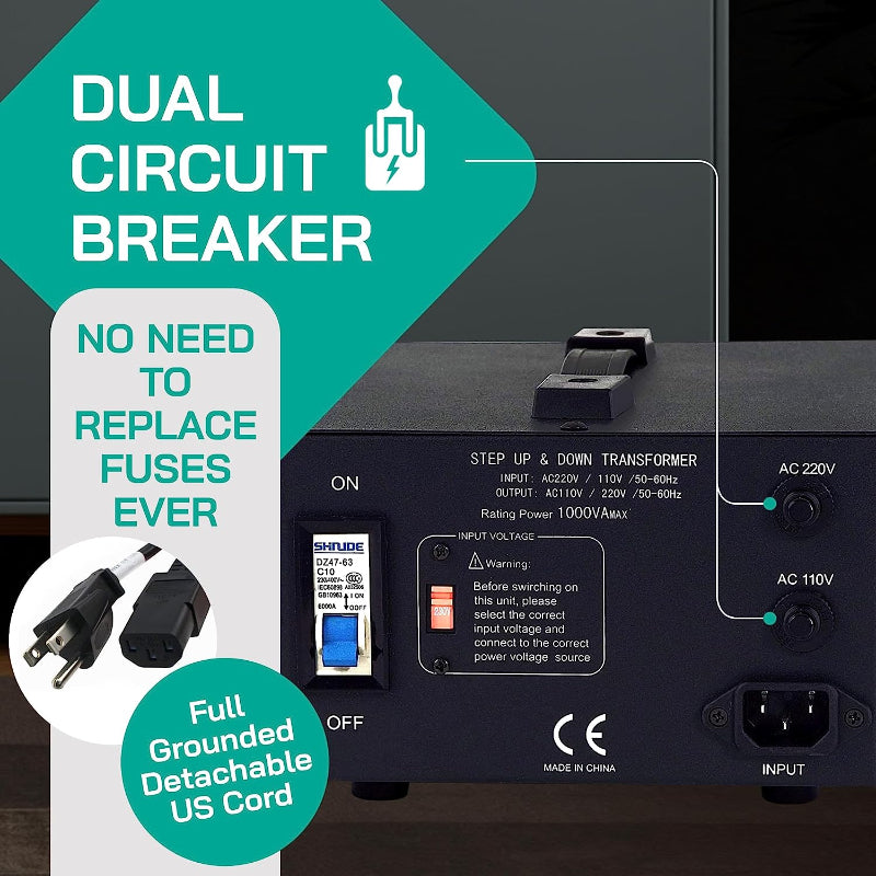 1000W Step Up/Step Down Power Transformer W/ Universal Output Fuse Protection