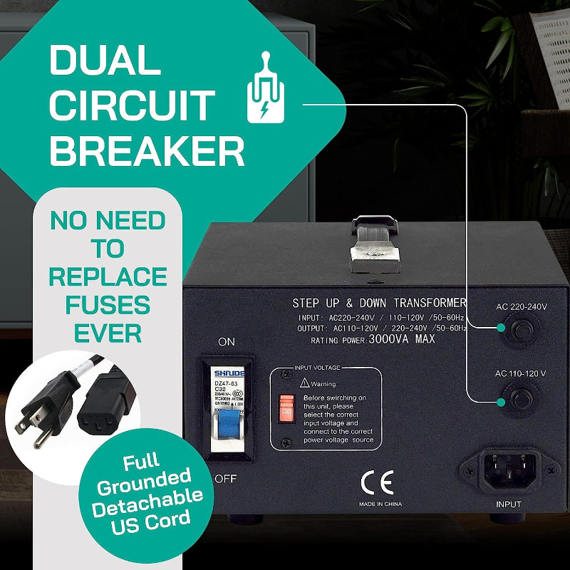 3000W Step Up/Step Down Power Transformer W/ Universal Output Fuse Protection