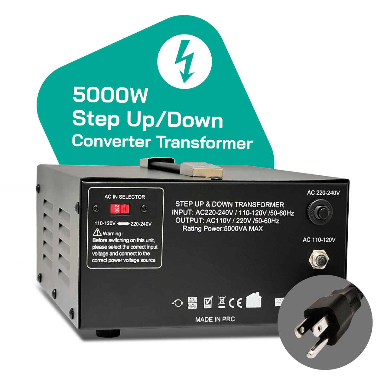 5000W Step Up/Step Down Power Transformer W/ Universal Output Fuse Protection