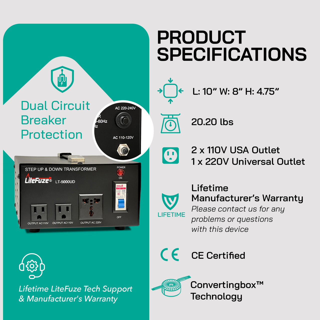 5000W Step Up/Step Down Power Transformer W/ Universal Output Fuse Protection