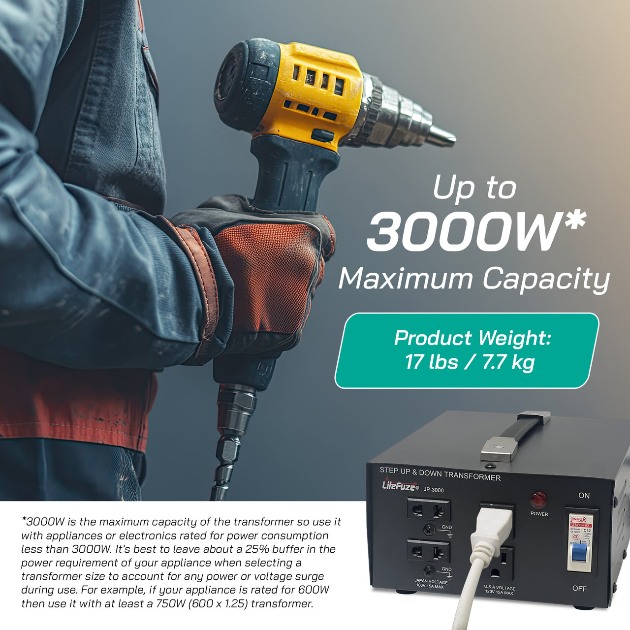 Litefuze 3000W Japan Voltage Converter Transformer - Step Up/down 100v to 120v & 120v to 100v - CE Certified With Circuit Breaker Protection - 3-Year Warranty.(JP-3000)