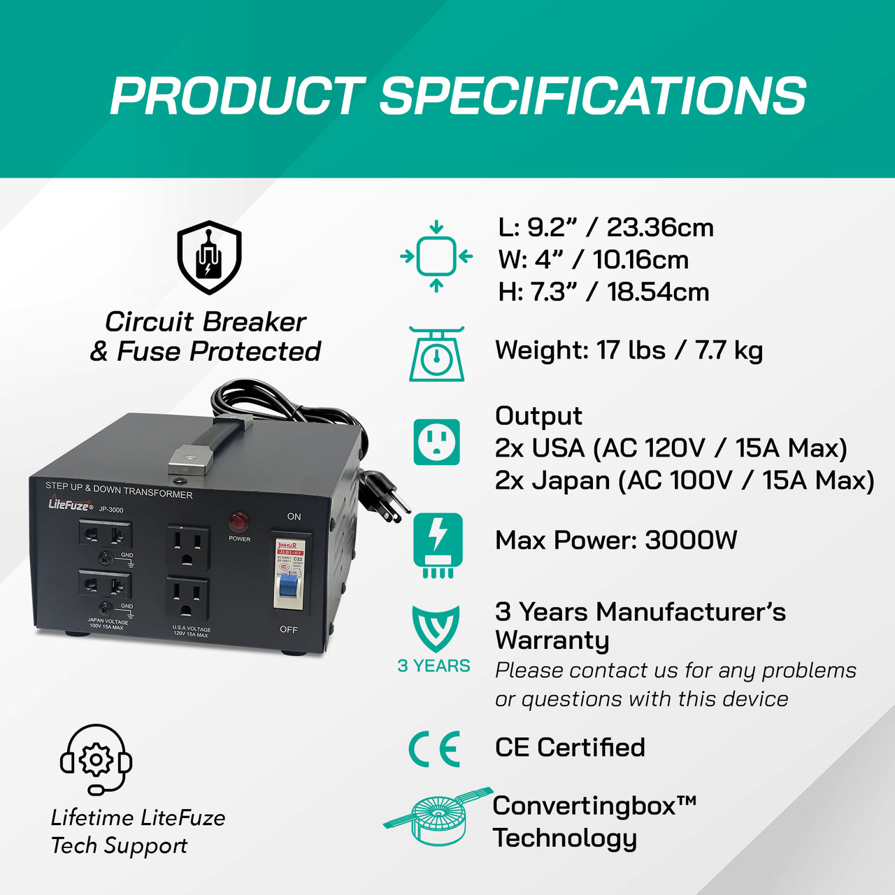 Litefuze 3000W Japan Voltage Converter Transformer - Step Up/down 100v to 120v & 120v to 100v - CE Certified With Circuit Breaker Protection - 3-Year Warranty.(JP-3000)
