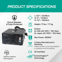 Thumbnail for Litefuze 3000W Japan Voltage Converter Transformer - Step Up/down 100v to 120v & 120v to 100v - CE Certified With Circuit Breaker Protection - 3-Year Warranty.(JP-3000)