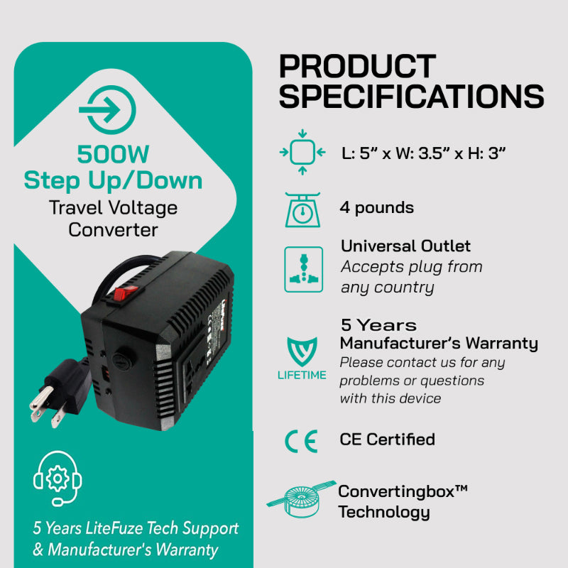 500W Step Up/Step Down Power Transformer - Type B Plug for Camera, Laptop & More