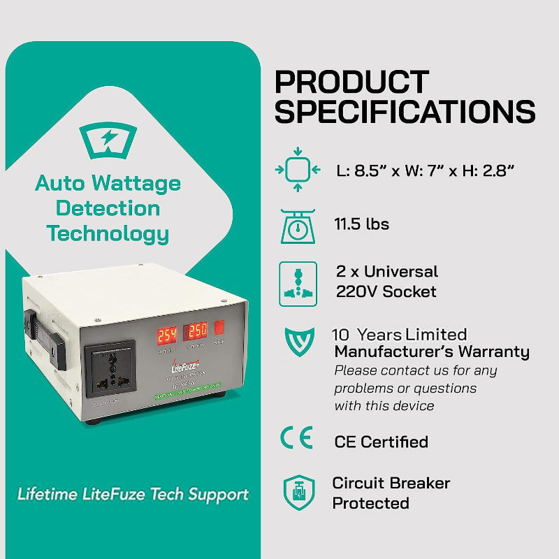 1000W Step Up Power Transformer W/ Wattage Detection & Circuit Breaker Protection