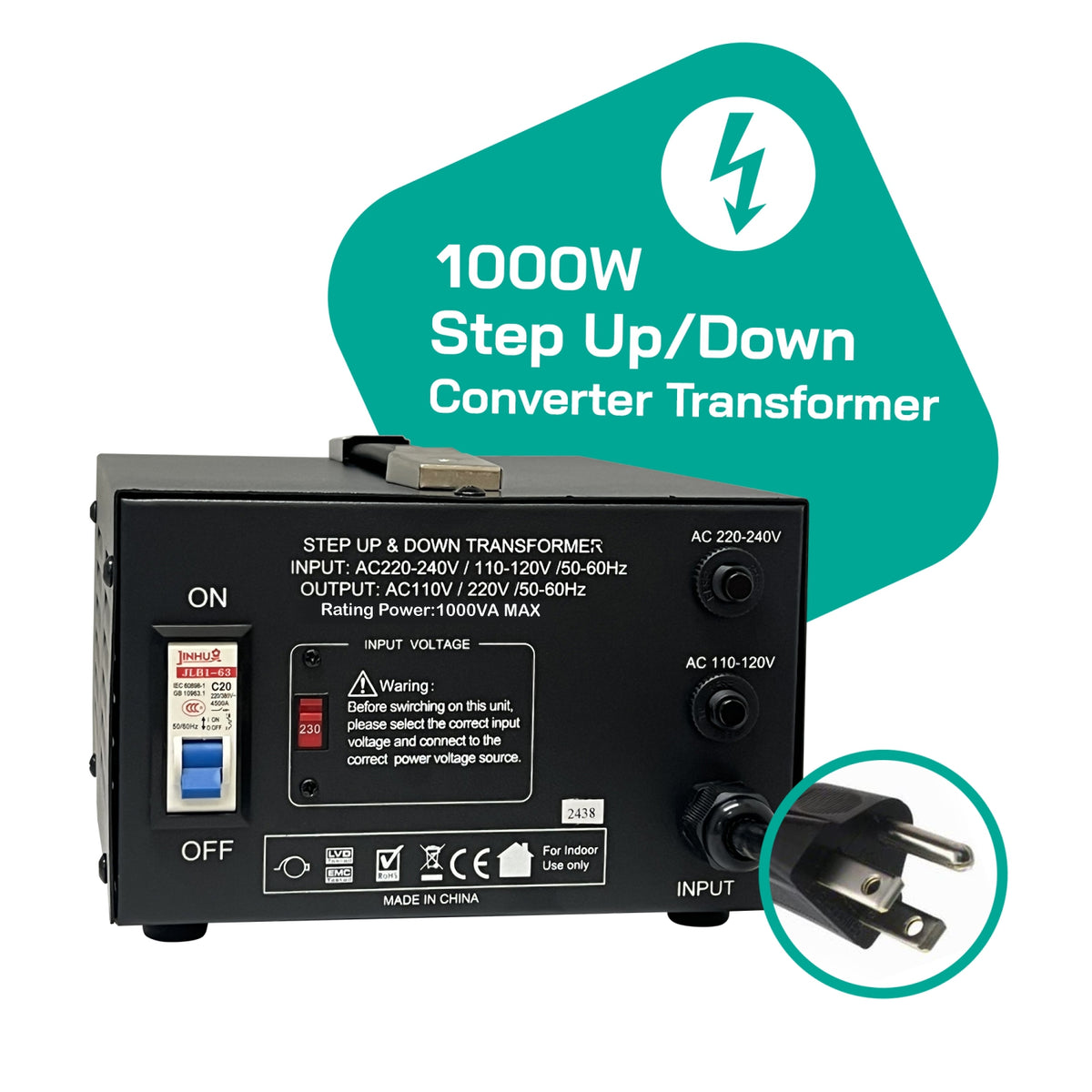 1000W Step Up/Step Down Power Transformer W/ Universal Output Fuse Protection