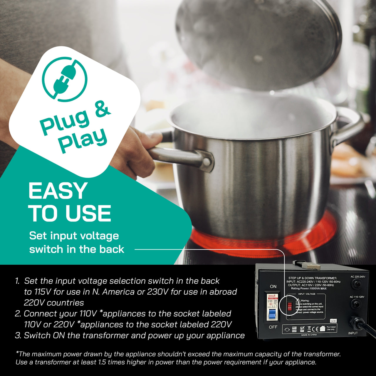 1000W Step Up/Step Down Power Transformer W/ Universal Output Fuse Protection