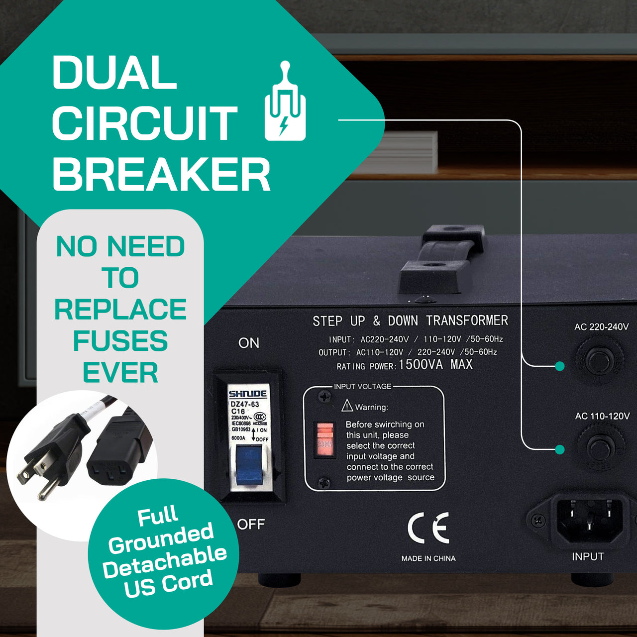 1500W Step Up/Step Down Power Transformer W/ Universal Output Fuse Protection