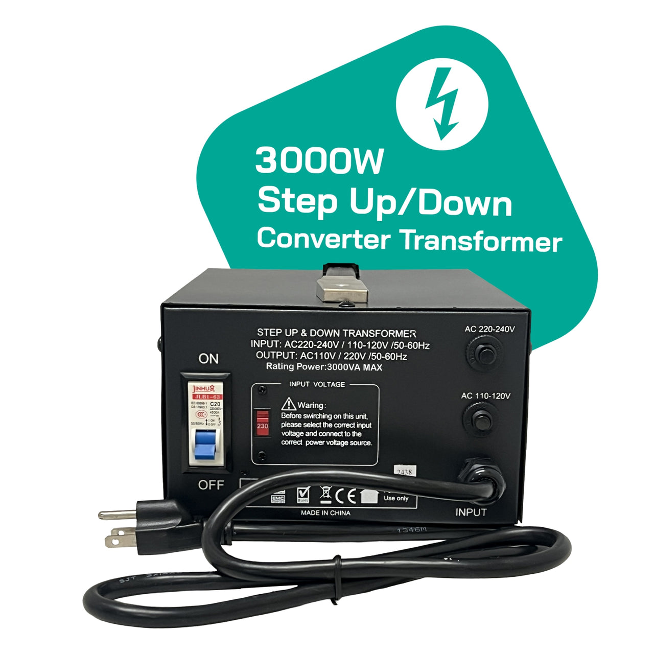 3000W Step Up/Step Down Power Transformer W/ Universal Output Fuse Protection