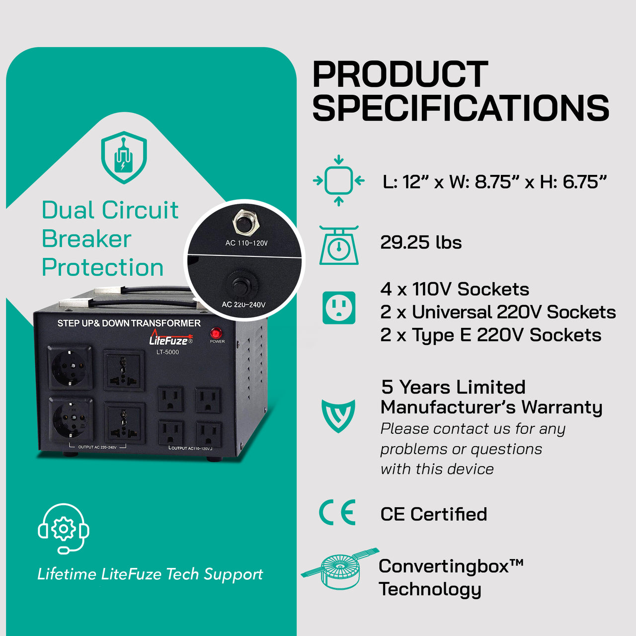 5000W Step Up/Step Down Power Transformer W/ Universal Output Fuse Protection