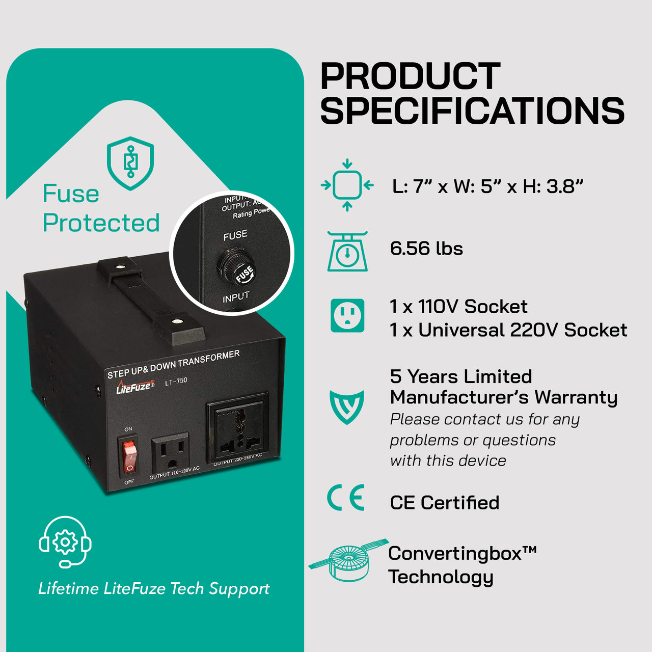 750W Step Up/Step Down Power Transformer W/ Universal Output Fuse Protection